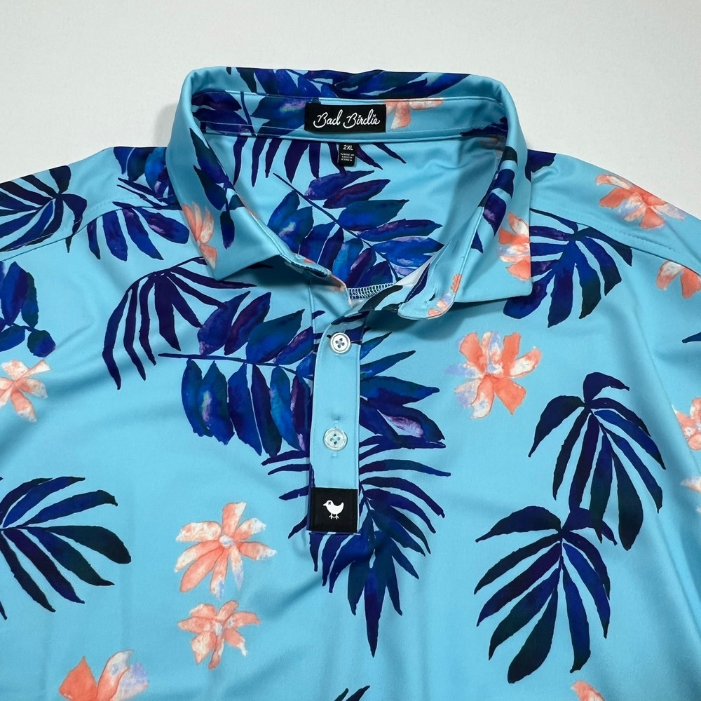 Bad Birdie Golf Polo Shirt Performance Bayou Blue Tropical Floral Palm Men's 2XL - Picture 2 of 10